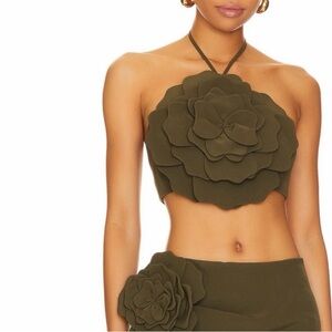 Olive Green Halter Top and Skirt Set with Floral Design